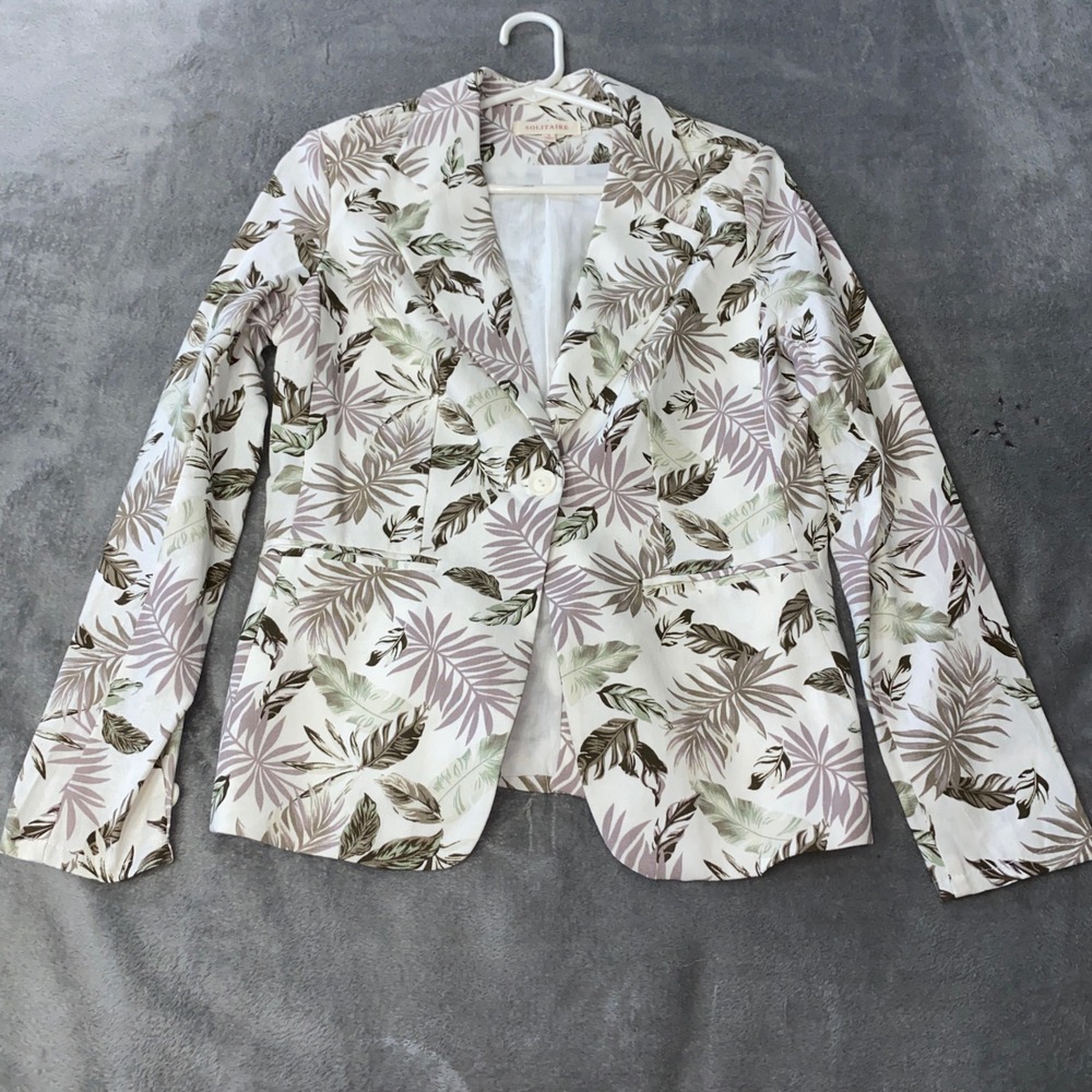 Solitaire Blazer Womens S White Tropical Palm Leaf Linen Cotton Blend 18-1198